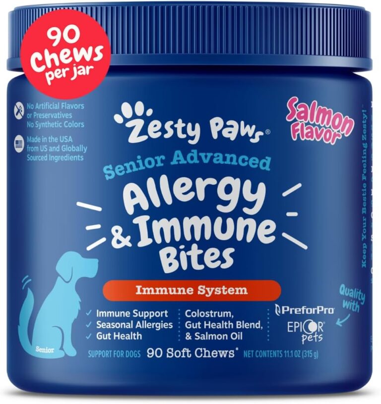 Zesty Paws Dog Allergy Relief - Anti Itch Supplement - Omega 3 Probiotics for Dogs - Stop Paw Licking - Soft Chews for Skin Health & Seasonal Allergies - with Epicor Pets - Senior - Salmon - 90 Count