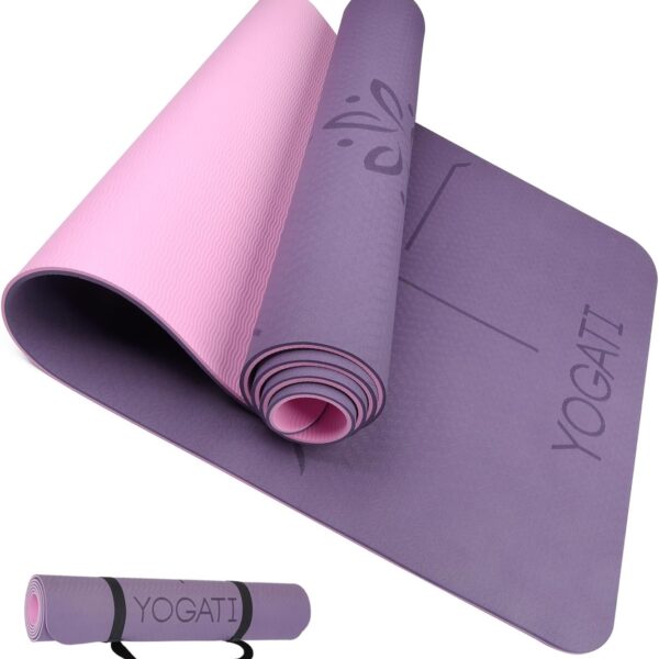 YOGATI Yoga Mat with Strap with Alignment Lines. Home Workout Mat for Women, Men and Kids. Thick Non Slip Yoga Mat for Pilates and Fitness. Brown, Pink and Purple Yoga Mats
