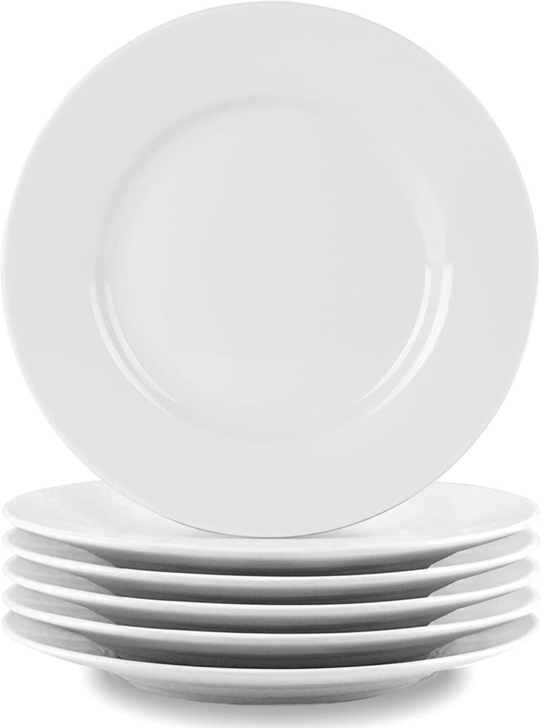 bestone 8 Inch Porcelain White Salad Plates Set, Porcelain Dessert/Salad PlateClassic Round with Wide Rim, Lead-Free,Dishwasher, Microwave, Freezer, Oven Safe, for Everyday Use-Set of 6