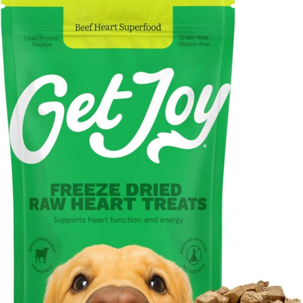 Get Joy Freeze Dried 100% Beef Heart Dog Treats, 4oz | Single Ingredient Organ Meat, High Protein Raw Dog Food Topper, Snack & Training Rewards | Grain Free, Gluten Free, Filler Free