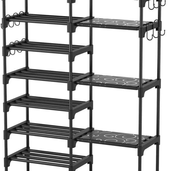 ROJASOP Shoe Rack Organizer, 8-Tier Metal Shoe Rack for Closet Entryway Garage, 26-32 Pairs Tall Shoe Boot Storage Shelf with 15 Hooks, Stackable Large Shoe Stand