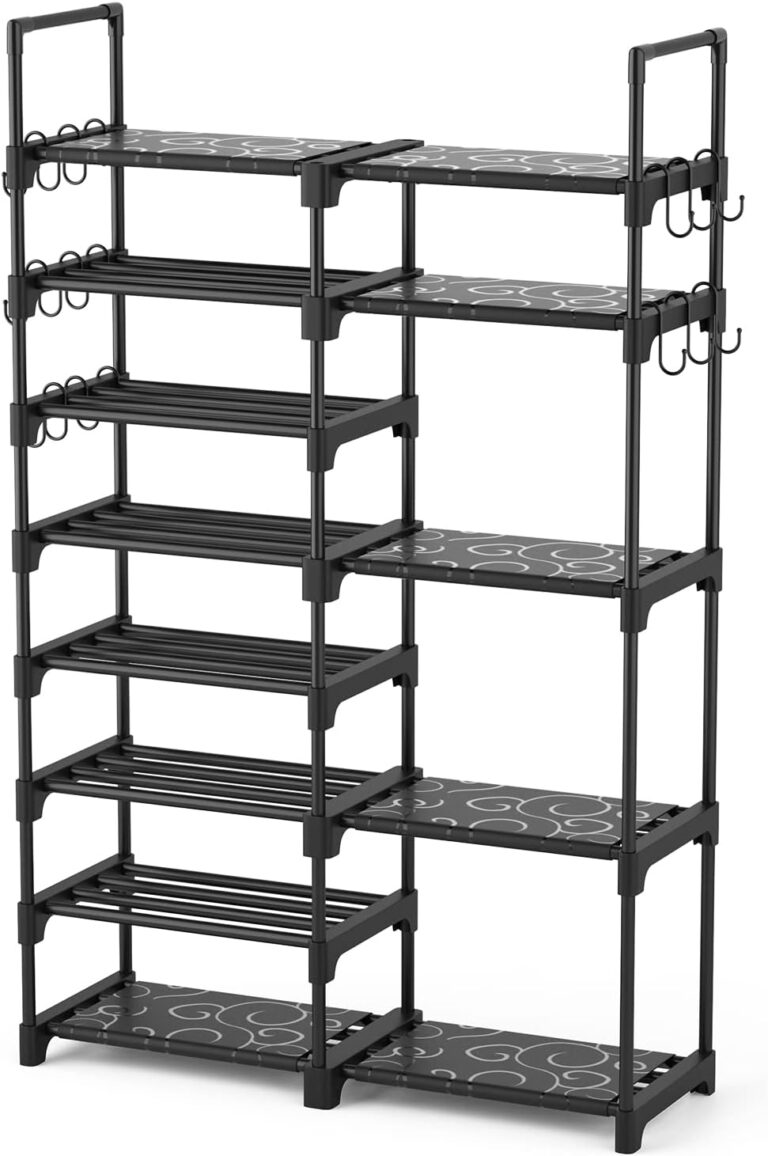 ROJASOP Shoe Rack Organizer, 8-Tier Metal Shoe Rack for Closet Entryway Garage, 26-32 Pairs Tall Shoe Boot Storage Shelf with 15 Hooks, Stackable Large Shoe Stand