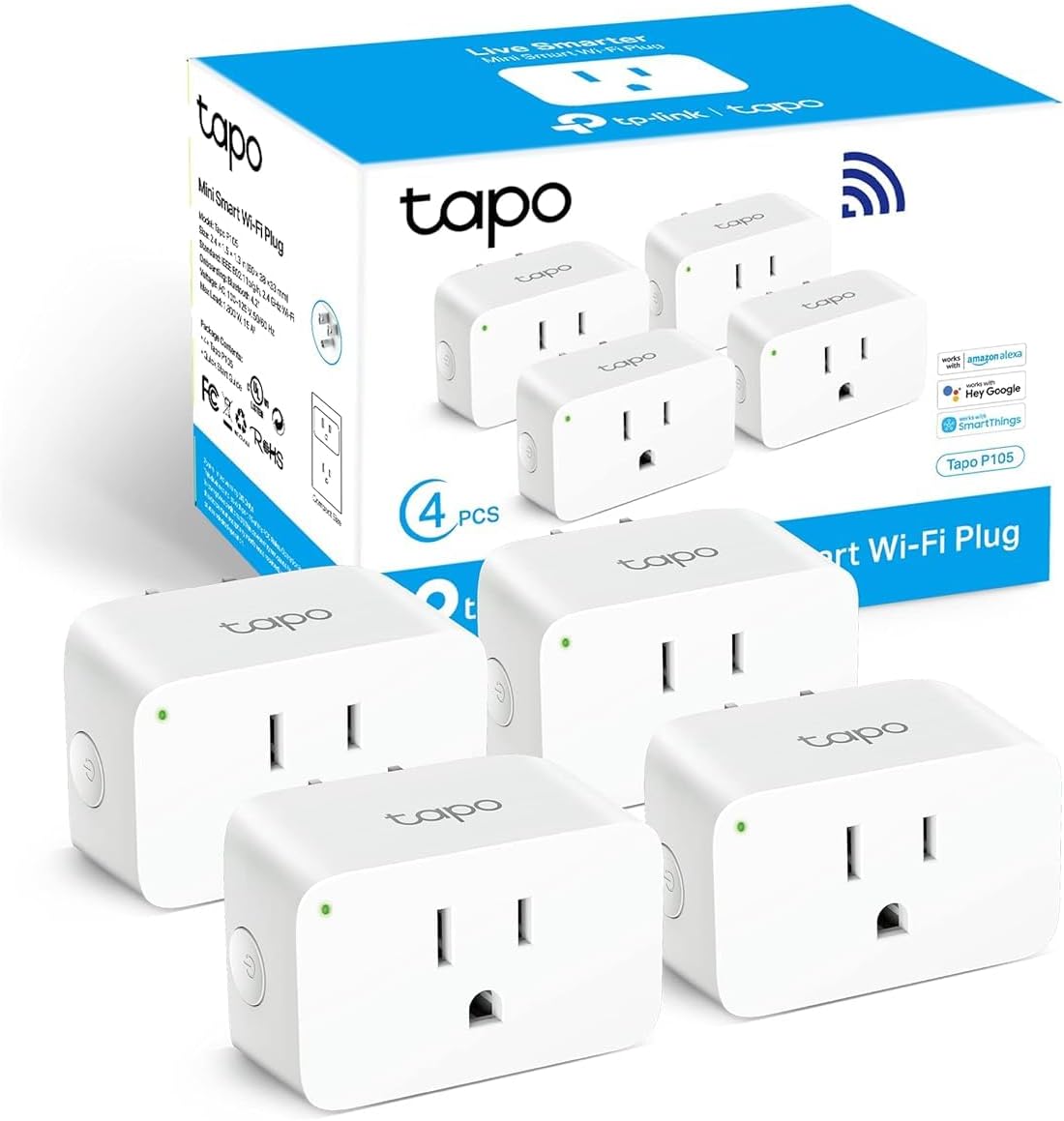 TP-Link Tapo Smart Plug Mini 15A, Smart Home Wi-Fi Plug, Super Easy Setup, Compatible with Alexa & Google Home, No Hub Required, UL Certified, 2.4G WiFi Only, White, Tapo P105(4-Pack) TP-Link Tapo Smart Plug Mini 15A, Smart Home Wi-Fi Plug, Super Easy Setup, Compatible with Alexa & Google Home, No Hub Required, UL Certified, 2.4G WiFi Only, White, Tapo P105(4-Pack)