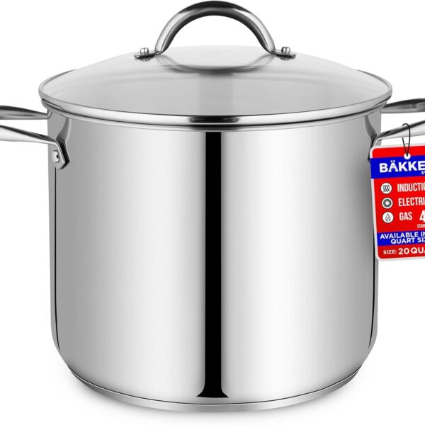 Stainless Steel Stockpot with Tempered Glass Lid 20 Quart, Durable 18/0 Stainless Steel, Impact-Bonded Base for Even Heating, Riveted Handles, Oven & All Stove Compatible, Safe Up To 500F (260C)