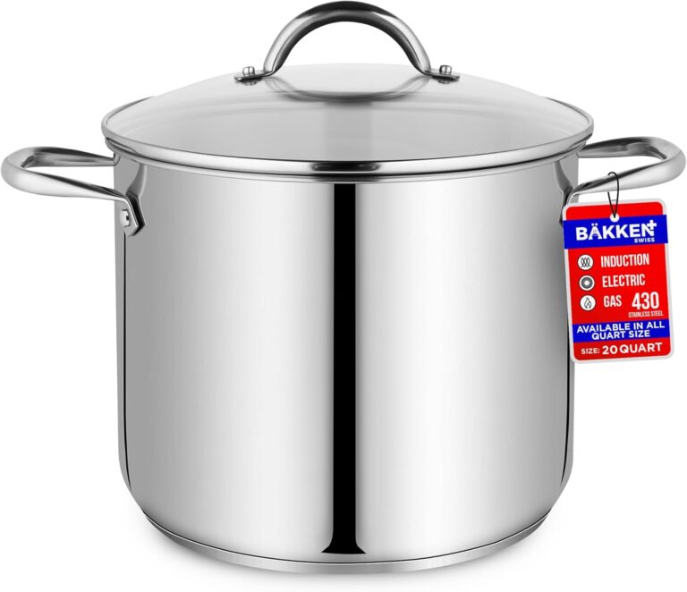 Stainless Steel Stockpot with Tempered Glass Lid 20 Quart, Durable 18/0 Stainless Steel, Impact-Bonded Base for Even Heating, Riveted Handles, Oven & All Stove Compatible, Safe Up To 500F (260C)