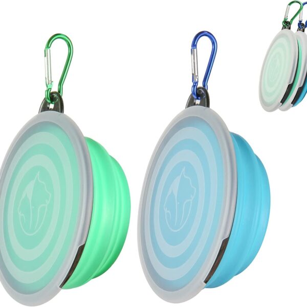 SLSON Collapsible Bowl with Cover Lids,2 Pack Dog Travel Bowls Portable Foldable Cat Water Dish Bowl for Pets Walking Parking Camping (Light Blue and Green, Small)