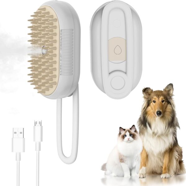 FUICZSN 4-in-1 Rechargeable Cat & Dog Steam Brush for Shedding, Self-Cleaning Pet Groomer with Rotating Handle for Massaging & Hair Removal, for Long/Short Haired Pets (Beige)
