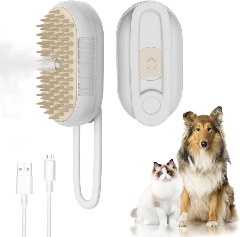 FUICZSN 4-in-1 Rechargeable Cat & Dog Steam Brush for Shedding, Self-Cleaning Pet Groomer with Rotating Handle for Massaging & Hair Removal, for Long/Short Haired Pets (Beige)