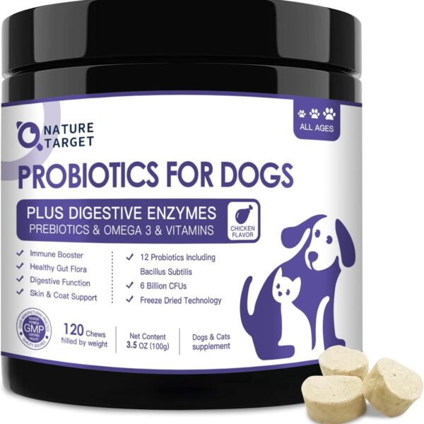 NATURE TARGET Probiotics for Dogs, 6 Billion Freeze Dried Dog Probiotics with Prebiotics & Enzymes, Vitamins, Omega 3, for Digestive & Gut Health, Itch Relief, Reduce Diarrhea, 120 Bites