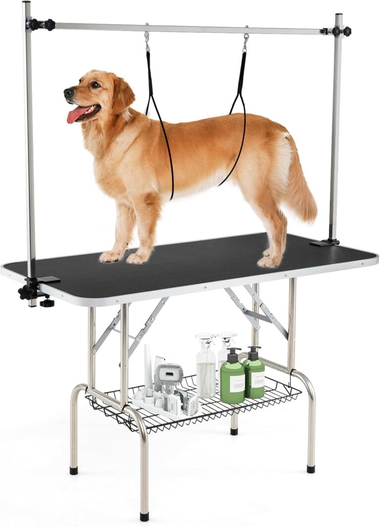 Giantex 47'' Dog Grooming Table with Adjustable Arm & 2 Nooses, Foldable Pet Grooming Station with Non-Slip Waterproof Surface, Mesh Storage Tray, Heavy Duty for Small to Large Dogs