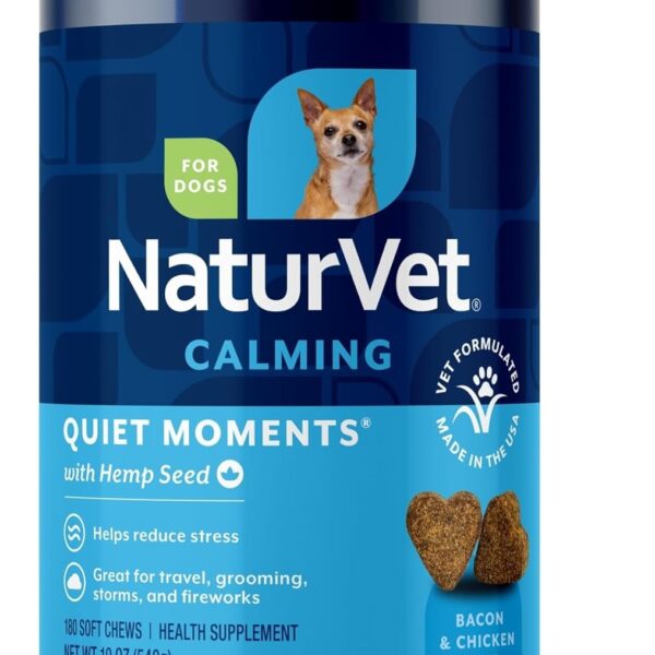 NaturVet Quiet Moments Calming Aid Dog Supplement, Helps Promote Relaxation, Reduce Stress, Storm Anxiety, Motion Sickness for Dogs (Quiet Moments Plus Hemp, 180 Soft Chews)