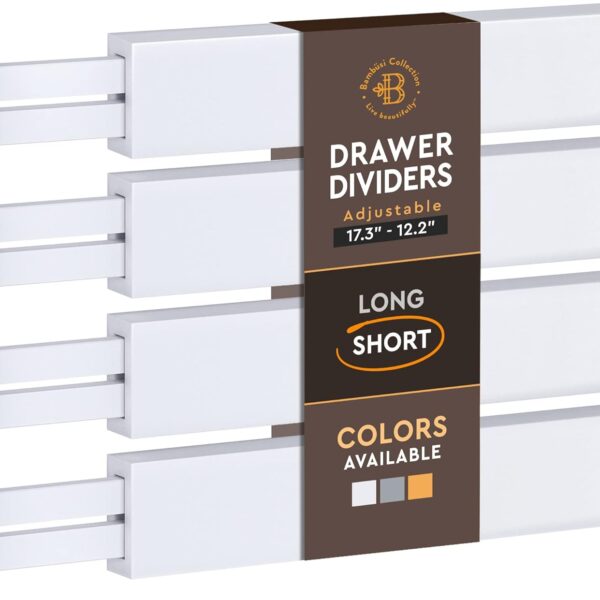 4-Pack Bamboo Drawer Dividers - 2.6" High, 12.5"-17" Adjustable Drawer Organizers for Clothes, Expandable Dresser Separators in Bedroom/Bathroom/Kitchen/Office Organization and Storage (White)