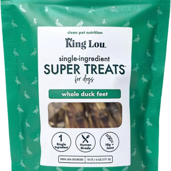 King Lou Pets - Whole Duck Feet for Dogs - Dehydrated Duck Dog Treats - USA-Made Dental Treats for Dogs - Collagen, Glucosamine, Chondroitin for Hip and Joint Health - 10 Count