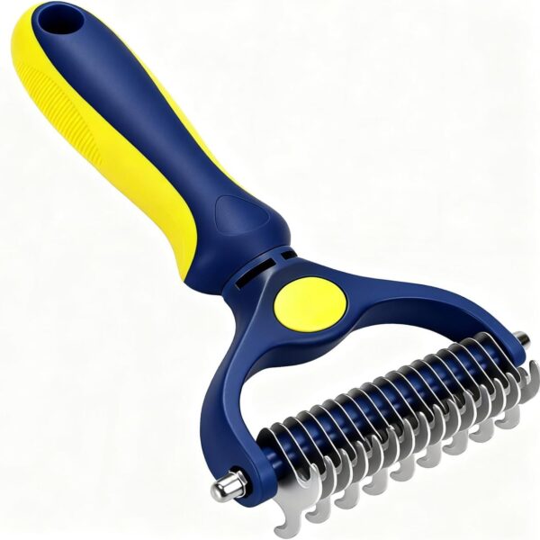 Professional Double-Sided Pet Grooming Rake, Blue and Yellow Deshedding Tool for Dogs and Cats, Undercoat Dematting Brush for Long Hair Pets
