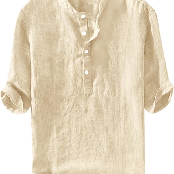 Ryannology Mens Linen Shirts Casual Cotton 3/4 Sleeve Regular-Fit Henley T-Shirt Summer Lightweight Beach Yoga Tops