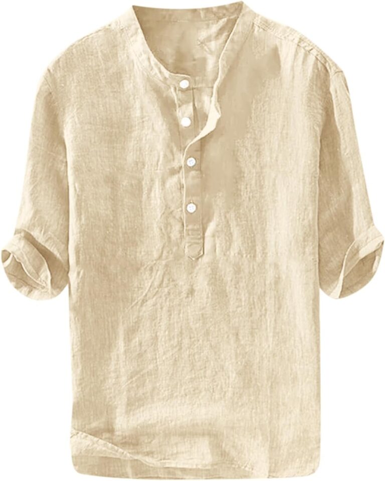 Ryannology Mens Linen Shirts Casual Cotton 3/4 Sleeve Regular-Fit Henley T-Shirt Summer Lightweight Beach Yoga Tops