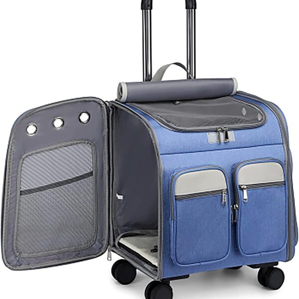 Wheeled Pet Sling Backpack Pet Stroller, Travel Sling,Cat Backpack, Removable Roller-Mesh Ventilation Window, with Storage Bag