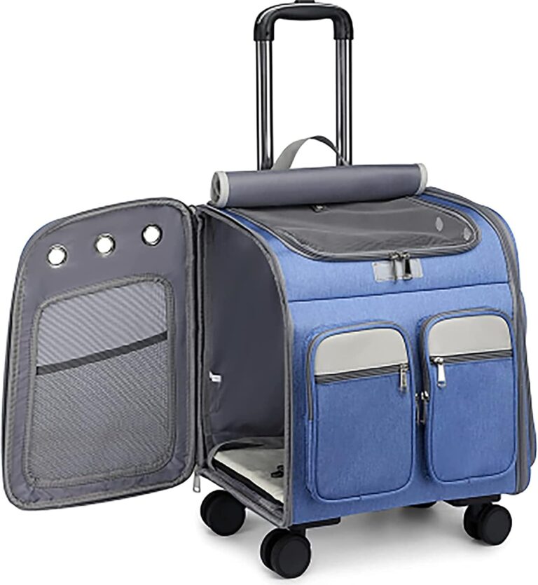 Wheeled Pet Sling Backpack Pet Stroller, Travel Sling,Cat Backpack, Removable Roller-Mesh Ventilation Window, with Storage Bag