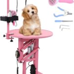 Professional Pet Grooming Table with Double leashes, 24" Electric Lift Dog Grooming Table for Small Dogs, Adjustable Overhead Arm & Tool Organizer, Non-Slip Desktop & Wireless Remote, Pink