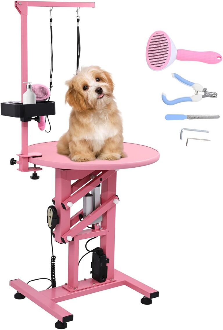 Professional Pet Grooming Table with Double leashes, 24" Electric Lift Dog Grooming Table for Small Dogs, Adjustable Overhead Arm & Tool Organizer, Non-Slip Desktop & Wireless Remote, Pink
