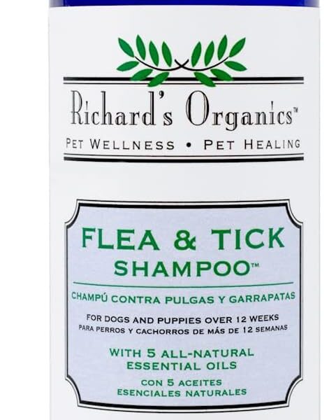 Richards Organics Flea and Tick Shampoo for Dogs  100% All-Natural Actives Kills Fleas, Ticks and Repels Mosquitos  Gentle, Wont Dry Skin, Great Smelling Essential Oils (12oz bottle),FG00440
