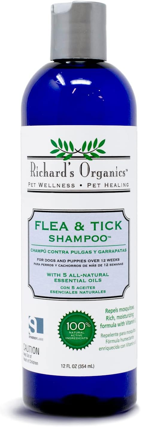 Richards Organics Flea and Tick Shampoo for Dogs  100% All-Natural Actives Kills Fleas, Ticks and Repels Mosquitos  Gentle, Wont Dry Skin, Great Smelling Essential Oils (12oz bottle),FG00440