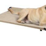Veehoo Elevated Dog Bed, Raised Dog Cots for Large Dogs, Waterproof Outdoor Dogs Bed, Cooling Pet Hammock with Guardrail, Upgraded Non-Slip Feet, Breathable Teslin Mesh, Beige Coffee, 41x 27 inches