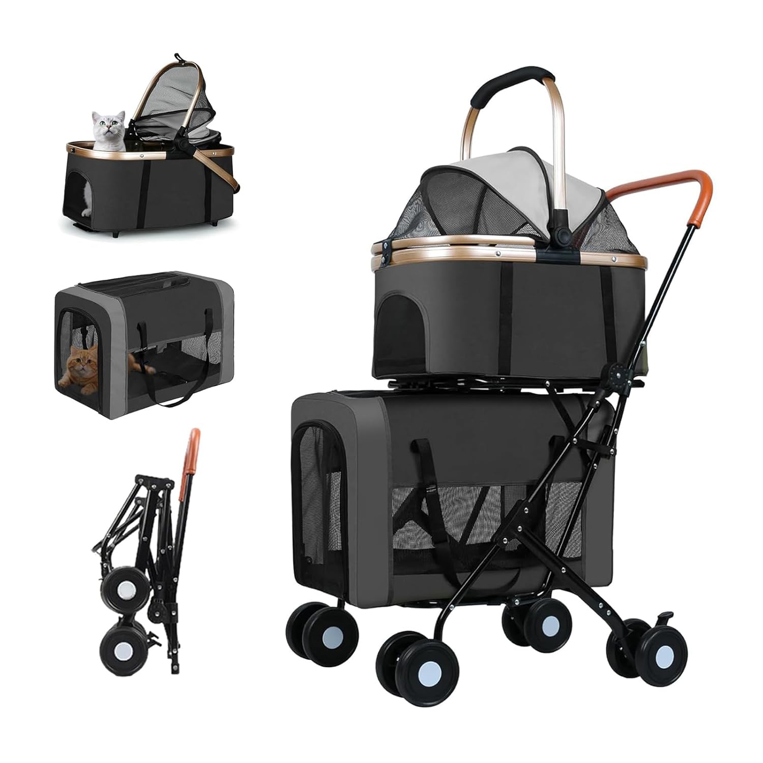 3 in 1 Folding Dog Stroller, 4 Wheels for Small/Medium Dogs, Cat Stroller w/Removable Travel Carrier for Small/Medium/Large Pet, Waterproof Pad, Car Seat, Sun Shade (Deep Black) 3 in 1 Folding Dog Stroller, 4 Wheels for Small/Medium Dogs, Cat Stroller w/Removable Travel Carrier for Small/Medium/Large Pet, Waterproof Pad, Car Seat, Sun Shade (Deep Black)