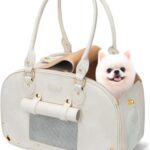 PetsHome Dog Carrier Purse, Pet Carrier, Waterproof Premium Leather Pet Travel Portable Bag for Cat and Small Dog Home & Outdoor Medium Beige