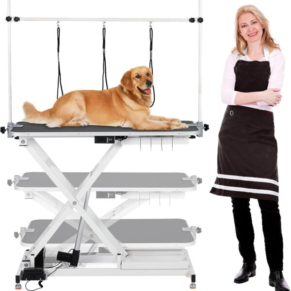Electric Dog Grooming Table, 9"- 40" Height Adjustable Heavy Duty Electric Pet Grooming Tables with Anti Slip Tabletop, 3 Grooming Noose, for Dogs&Cats, White
