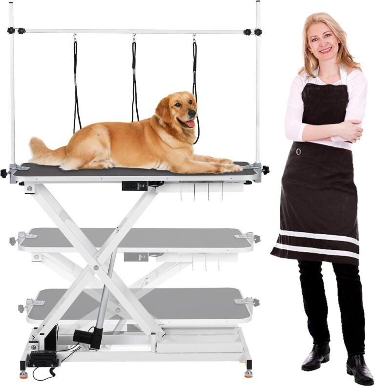 Electric Dog Grooming Table, 9"- 40" Height Adjustable Heavy Duty Electric Pet Grooming Tables with Anti Slip Tabletop, 3 Grooming Noose, for Dogs&Cats, White