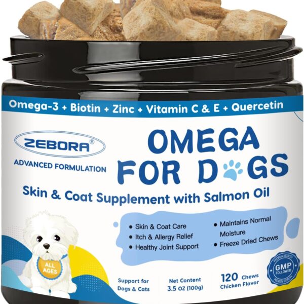 Omega 3 for Dogs with Salmon Oil, Fish Oil for Dogs Skin and Coat Supplement, Dog Allergy Relief, Hot Spot Treatment, Anti Shedding, Hip & Joint Support with EPA & DHA, Biotin, Vitamin E