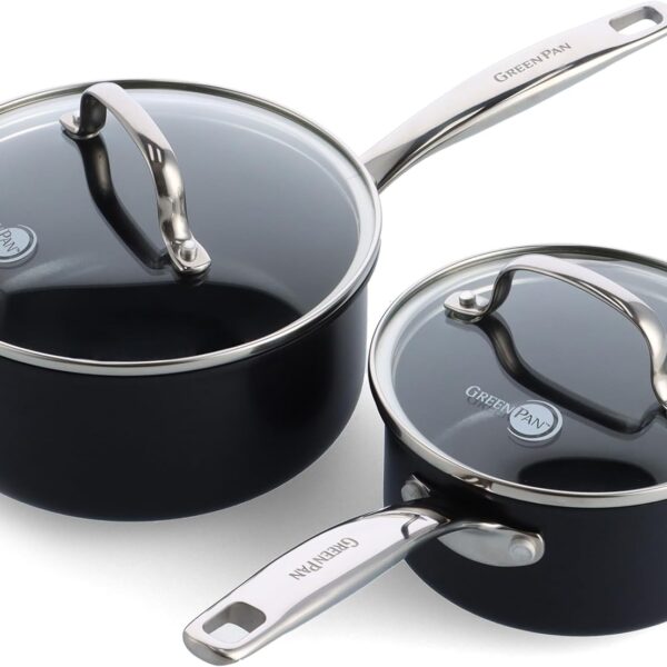 GreenPan Prime Chatham 1QT & 2QT Saucepan Pot Set with Glass Lids, Hard Anodized Diamond Infused Ceramic Nonstick, PFAS-Free, Dishwasher Safe, Oven Safe, Multipurpose Chefs Pan, Stay-Cool Handle,Black