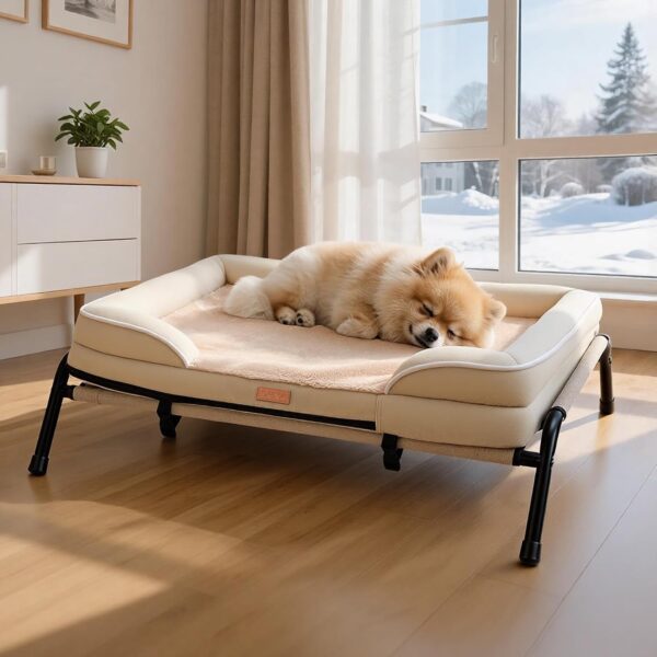 Lekereise Raised Dog Bed for Small Dog 32x25 Inch, Orthopedic Pet Beds with Waterproof Egg Crate Foam, Removable Dogs Couch Bed for Indoor Outdoor, 2-in-1 Design, Load 40lb, Beige