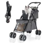 Double Pet Stroller for Medium Small Dogs and Cats with 2 Carriage, Durable Universal Wheels with Brakes Lightweight One Hand Foldale Kittens Puppies Travel Strolling Cart (Black)