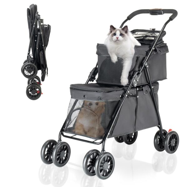 Double Pet Stroller for Medium Small Dogs and Cats with 2 Carriage, Durable Universal Wheels with Brakes Lightweight One Hand Foldale Kittens Puppies Travel Strolling Cart (Black)
