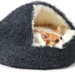 Dog Bed Round Hooded Plush Cat Cave Self Warming Pet Bed Donut Anti Anxiety Fluffy Pet Bed for Puppy and Kitty