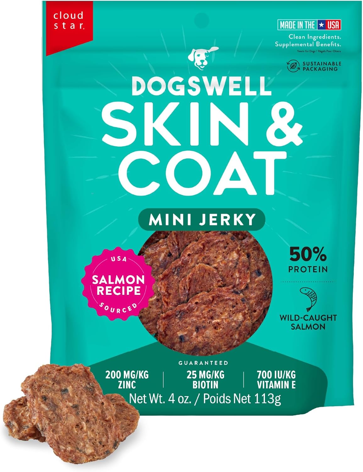 Dogswell Skin & Coat Mini Jerky Dog Treats, Salmon, 4 oz. Bag Dogswell Skin & Coat Mini Jerky Dog Treats, Salmon, 4 oz. Bag