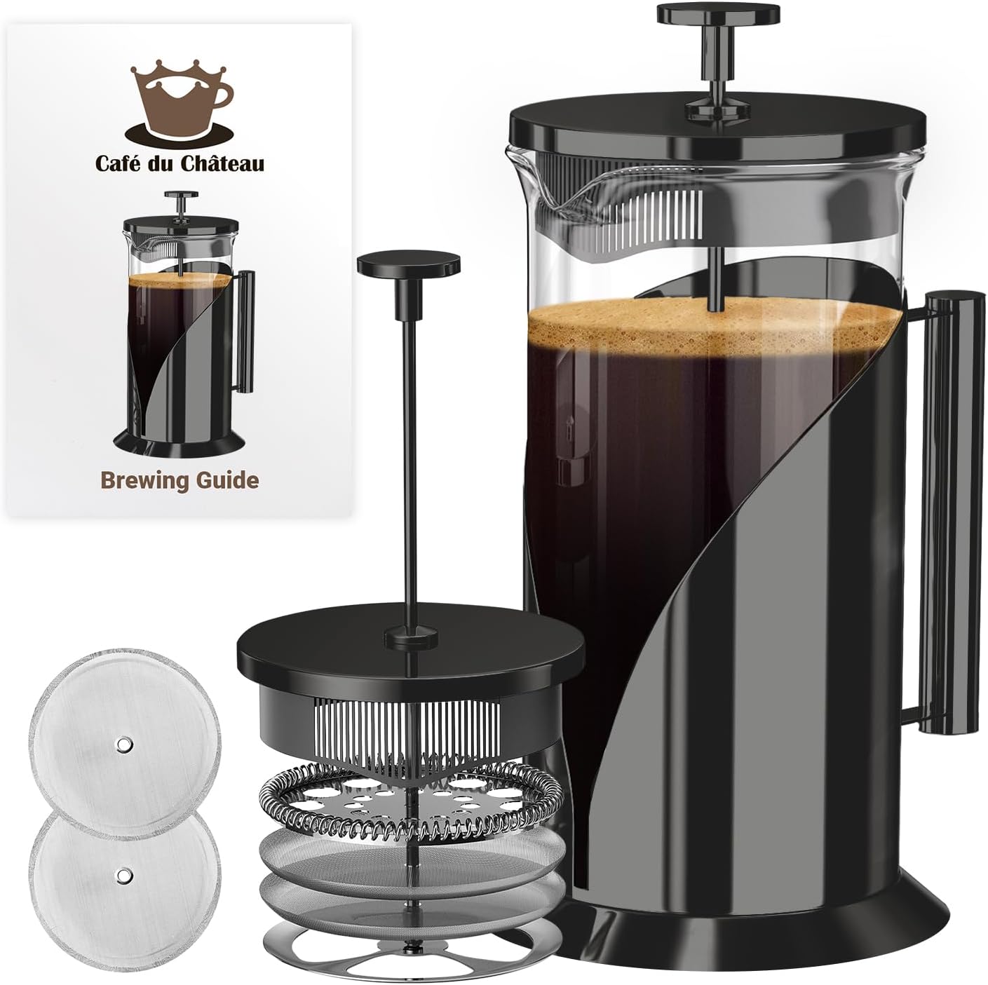 Cafe Du Chateau Stainless Steel French Press Coffee Maker 34 oz - Easy to Use Insulated Coffee Press with 4-Level Filtration, Manual Brewer for Tea, Camping & Travel with BPA Free, Durable Clear Glass Cafe Du Chateau Stainless Steel French Press Coffee Maker 34 oz - Easy to Use Insulated Coffee Press with 4-Level Filtration, Manual Brewer for Tea, Camping & Travel with BPA Free, Durable Clear Glass