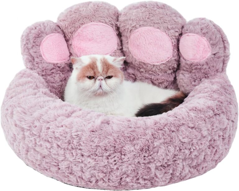 Jiupety Paw Shape Calming Pet Bed, Plush Faux Fur Donut Bed for Dogs & Cats, Machine Washable, Non-Slip Bottom, Medium (22"22"6"), Purple