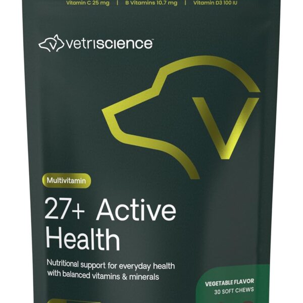 VetriScience 27+ Active Health Chews, Canine Plus Daily Multivitamin for Puppies and Adult Dogs, Balanced Vitamins, Minerals & Antioxidants, Health and Wellness Support, Veggie, 30 Count