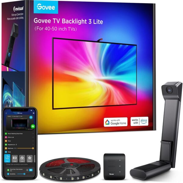 Govee TV Backlight 3 Lite with Fish-Eye Correction Function Sync to 40-50 Inch TVs, 7.8ft RGBICW Wi-Fi LED Strip Lights with Camera, 4 Colors in 1 Lamp Bead, Voice and APP Control, Adapter