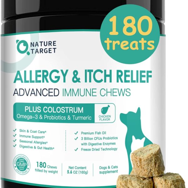 NATURE TARGET Dog Allergy Chews - Dog Allergy Relief, for Skin, Coat, Anti-Itch, Seasonal Allergies, Scratching, Pawlicking, 180 Freeze Dried Chews