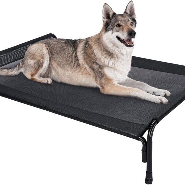 Veehoo Outdoor Elevated Dog Bed, Raised Dog Cot for Large Dogs, Cooling Washable Waterproof Pet Hammock Beds with Slope Headrest, Breathable Mesh and Sturdy Frame, Large, Black, CWC2204