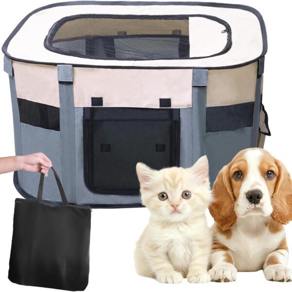 Dog Cat Playpen, Puppy Pet Playpen Indoor for Small Dogs Tent Crates Cage Outdoor, Portable Pop Up Dog Kennel Playpen Cat Tent for Dogs/Cats/Rabbits, Removable Zipper Top, Grey (Large(26"x26"x18"))