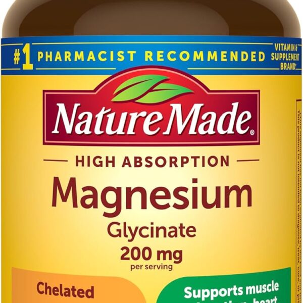 Nature Made Magnesium Glycinate 200 mg per Serving, Magnesium Supplement for Muscle, Heart, Nerve and Bone Support, 60 Magnesium Bisglycinate Capsules, 30 Day Supply