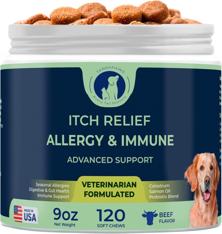 Allergy & Immune Support for Dogs  Soft Chews with Colostrum, Quercetin, Salmon Oil, Hemp Seed Oil, Vitamin C, Turmeric, Bromelain, Probiotics  Itchy Skin Relief, Seasonal Allergy Chews