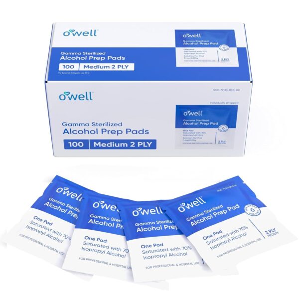 OWELL Prep Pads - 100 Individually Wrapped Sterile Alcohol Wipes, Medium 2-Ply Antiseptic Wipes for Disinfecting Skin, First Aid Kit Alcohol Swabs (100 Count)
