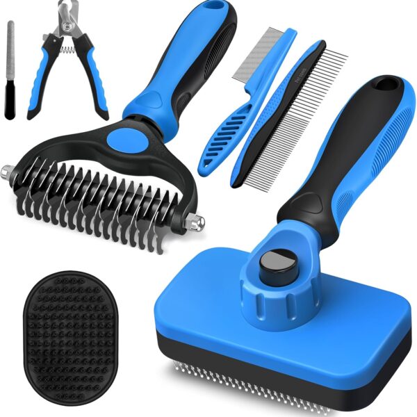 Augwind 7 in 1 Pet Grooming Kit - Dog&Cat Comb, Deshedding Brush, Nail Clipper with File, Bath Brush - Premium Pet Supplies (Black Blue)