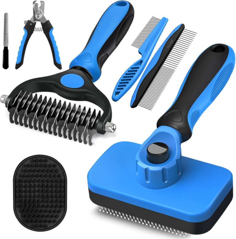Augwind 7 in 1 Pet Grooming Kit - Dog&Cat Comb, Deshedding Brush, Nail Clipper with File, Bath Brush - Premium Pet Supplies (Black Blue)